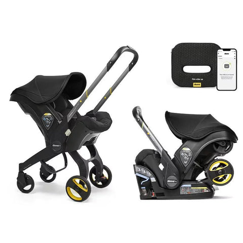 Doona Ultimate Peace of Mind Bundle Travel System - Black: 5-Point Harness, Rubber Tires, Rear Facing Seat